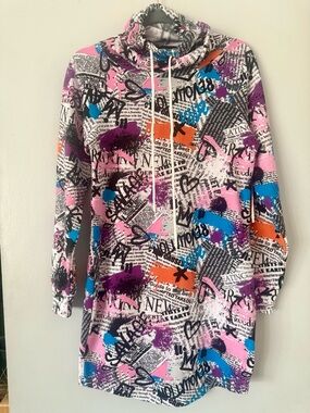Almost Famous Graffiti & Newspaper Print Mini Dress – Y2K Streetwear Cowl Neck